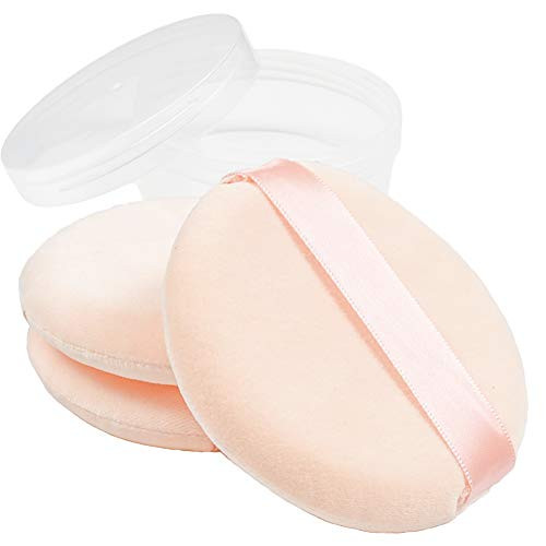 Powder Puff 3 PCS 4 Inch Pure Cotton Powder Large Puff Reusable Cosmetic Powder Puff with Strap Soft Sponge Powder Puffs with 1 PCS Plastic Box