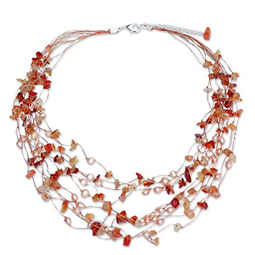 NOVICA Dyed Cultured Freshwater Pearl and Carnelian Beaded Necklace 20Warm Shower with Extender NOVICA Dyed Cultured Freshwater Pearl and Carnelian Beaded Necklace 20Warm Shower with Extender