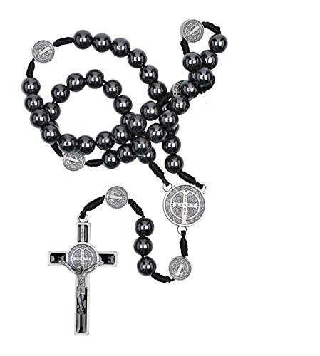 Intercession Hematite Rosary - Made in Brazil (St Benedict - On Cord - 8mm Beads)