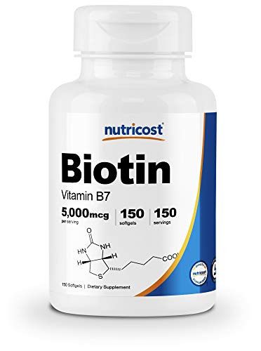 Nutricost Biotin 5000mcg with Virgin Organic Coconut Oil 150 Softgels  Gluten Free NonGMO