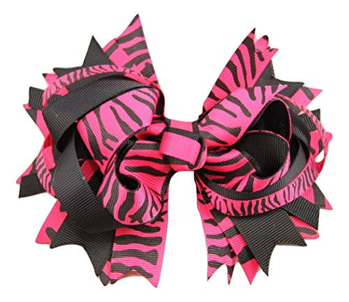 Stacked Animal Print Hair Bow  6 inch Grosgrain Ribbon with Alligator Clip Hot Pink Zebra
