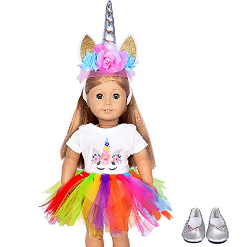 ebuddy 4pc/Set Dolls Unicorn Clothes, Headband, Tutu, Shoes for 18 inch Dolls Like American Girl, Journey Girl Dolls, Our Generation Dolls