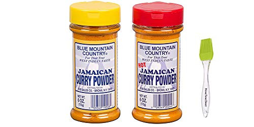 Blue Mountain Country Jamaican Curry and Hot Curry Powder 6 ounce Pack of 2 Bundled with PrimeTime Direct Silicone Basting Brush in a PTD Sealed Bag