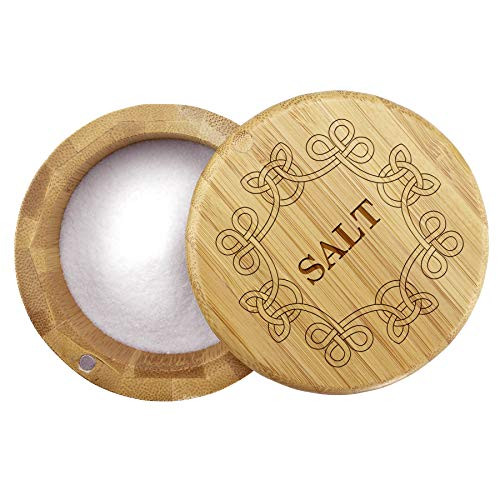 Totally Bamboo Salt Box Bamboo Storage Box with Magnetic Swivel Lid Celtic Knot Engraved on Lid