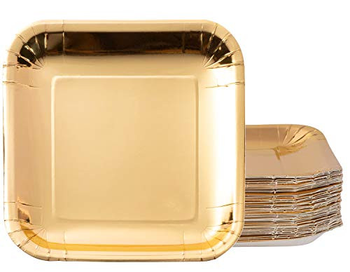 Gold Paper Plates - 48-Pack Disposable 9-Inch Square Plates for Cake, Appetizer, Dessert, Lunch, Metallic Gold Foil, Birthday Party Supplies