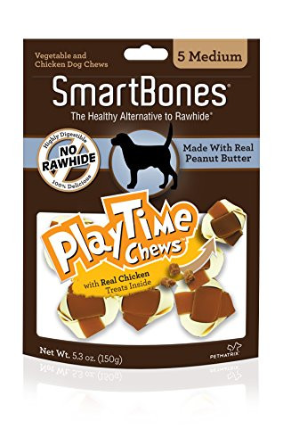SmartBones PlayTime Chews With Peanut Butter 5 Count Medium RawhideFree Chews For Dogs With Treats Inside ModelSBPT02013
