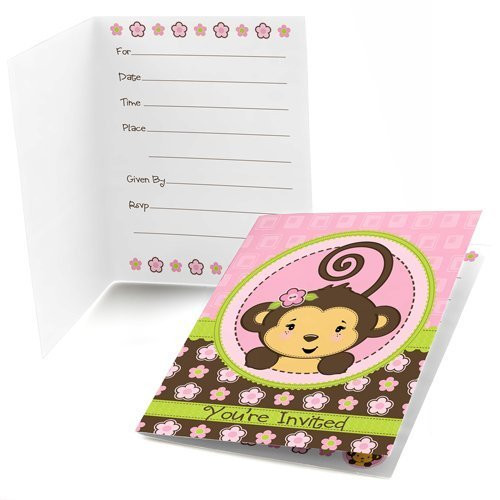 Big Dot of Happiness Pink Monkey Girl  Fillin Baby Shower or Birthday Party Invitations 8 Count