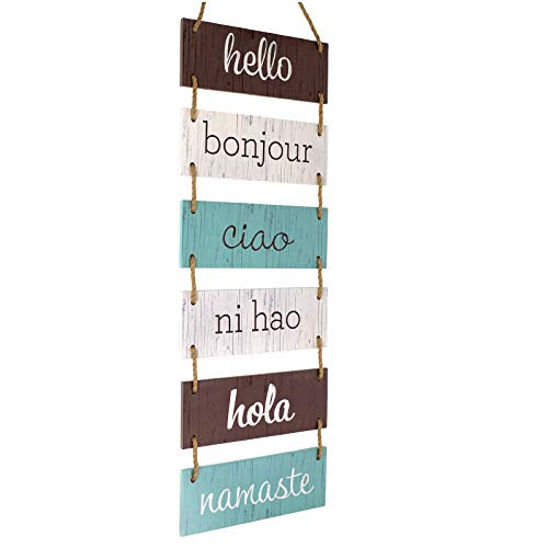 Excello Global Products Large Hanging Wall Sign Rustic Wooden Decor Hello Bonjour Ciao Ni Hao Hola Namaste Hanging Wood Wall Decoration 1175 x 32