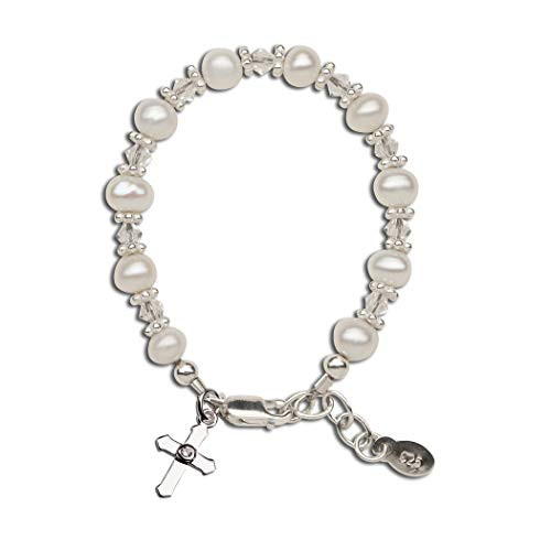 Childrens Baptism Christening Sterling Silver Cross Bracelet with Cultured Pearl and Swarovski Crystal Childrens Baptism Christening Sterling Silver Cross Bracelet with Cultured Pearl and Swarovski Crystal