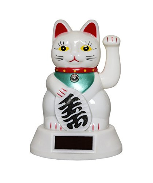 Amlong Plus Japanese Maneki Neko Fortune Cat Lucky Cat Waving Arm Solar Powered White
