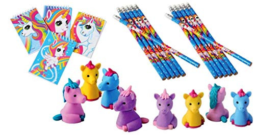 J&J's ToyScape Unicorn Themed Bulk Erasers, Mini Notebooks & Pencils (Pack of 36; 12 Pcs Each) | Unicorn Stationary Ideal for Birthday Party Favors, Goody Bag Fillers