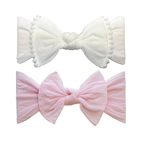 Baby Bling Bows 2 Pack  Girls Trimmed Classic Knot Headbands White and Pink