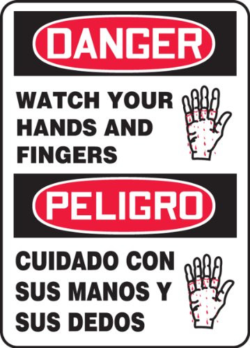 Accuform SBMEQM030VA Aluminum Spanish Bilingual Sign Legend DANGER WATCH YOUR HANDS AND FINGERSPELIGRO CUIDADO CON SUS MANOS Y SUS DEDOS with Graphic 14 Length x 10 Width RedBlack on White