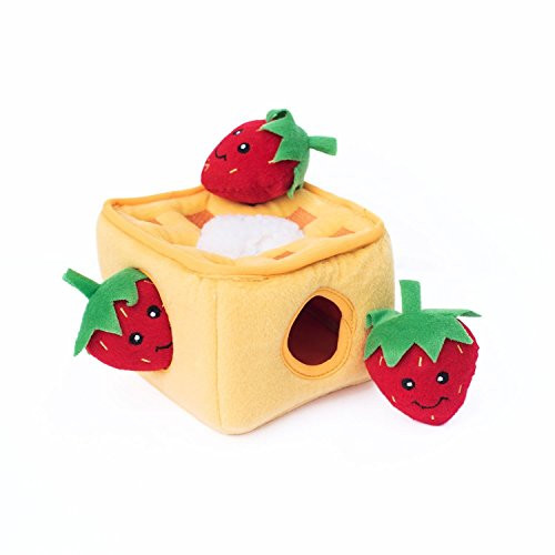 ZippyPaws  Food Buddies Burrow Interactive Squeaky Hide and Seek Plush Dog Toy  Strawberry Waffles