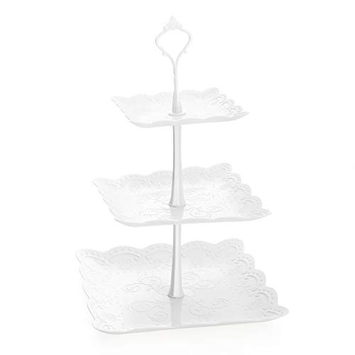 Nuovoware 3-Tier Cake Stand, Fruit Desserts Cupcake Candy Buffet Plastic Square Plate Stand Serving Platter Display Tree Tower Stand for Wedding Home Birthday Festival Party, 3 Tier Square, White