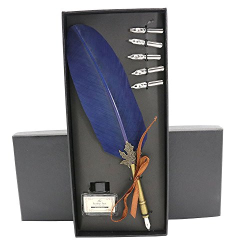 Dip Pen Set Antique Feather Writting Quill Ink Dip Pen Calligraphy Feather Quill Pen Set (Navy)