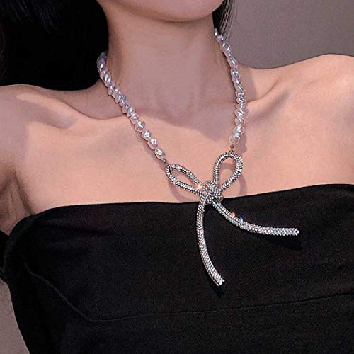 Masiter Sparkling Rhinestone Necklace Bling Faux Pearl Choker Bowknot Collar Chain Party Prom Birthday Nightclub Costume Jewelry for Women and Girls