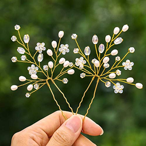 Barode Bridal Wedding Hair Pins Silver Sparkly Crystals Hairpin Pearl Bride Hair Accessories for Women and GirlssPack of 2 Gold