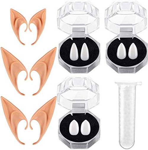 SUKKI 3 Pairs Vampire Teeth with Adhesive  3 Pairs Cosplay Fairy Pixie Elf Ears Halloween Vampire Costume Accessories Vampire Fangs Halloween Party Favors