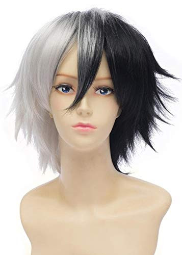Mersi Black and White Wigs for Cruella Monokuma Short Straight Layered Wig with Bangs Anime Wigs for Cosplay Party Costume Halloween S049BW