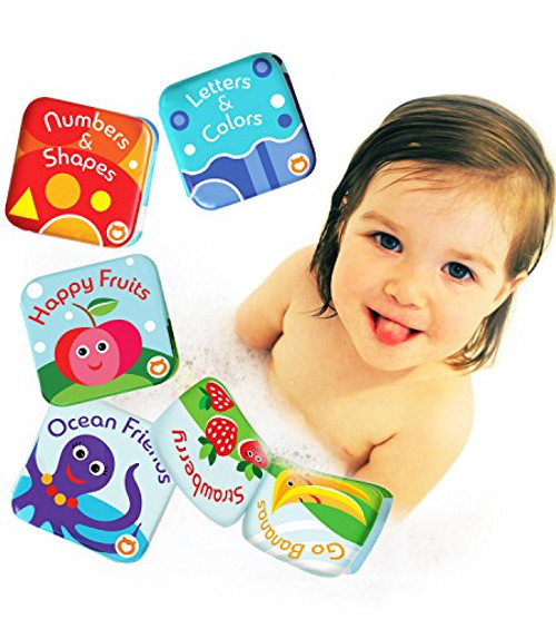 BabyBibi Floating Baby Bath Books. Kids Learning Bath Toys. Waterproof Bathtime Toys for Toddlers. Kids Educational Infant Bath Toys. (Set of 4: Fruit, Ocean, ABC, Numbers Books)