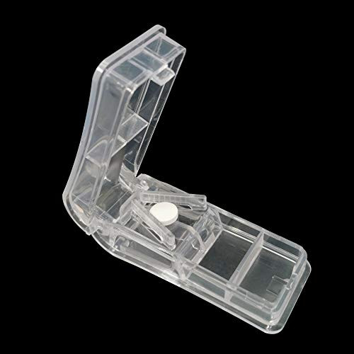 Excellent Portable Clear Pill Splitter Effective Finger Protecting Pill Cutter with Safe Shield for Big and Small Pills Vitamin Cutter with VGrip and Two Devided Pill Compartments Clear