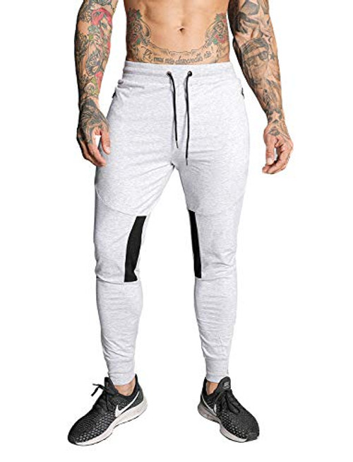 FIRSTGYM Mens Joggers Sweatpants Slim Fit Athletic Workout Pants Light Grey