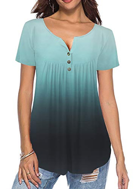 Womens Gradient Button Top Short Sleeve Henley Neck Shirt Pleated Casual Flare Tunic Loose Blouse TA39057 GreenS Womens Gradient Button Top Short Sleeve Henley Neck Shirt Pleated Casual Flare Tunic Loose Blouse TA39057 GreenS