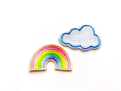 TH Set of 2 Tiny Mini Cute Cloud and Rainbow Pastel Sew Iron on Embroidered Applique Badge Sign Patch Clothing etc