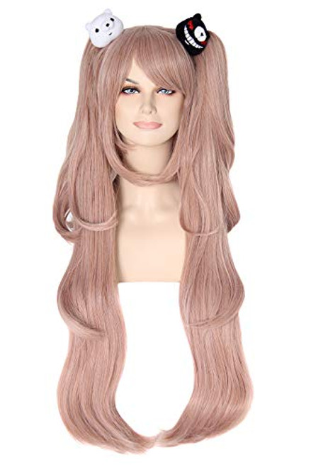 Cosplay Wigs for Junko Enoshima Danganronpa Anime Costume Long Pink Hair Wig Harajuku Cute Lolita Synthetic Wigs for Halloween Party with 2 Bears AK003PK