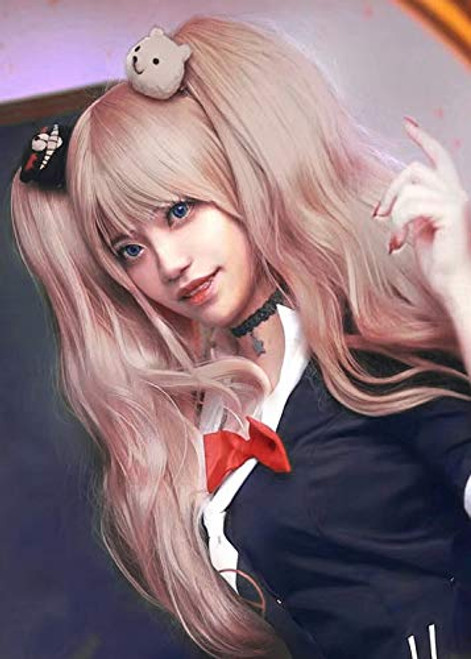 Anime Cosplay Wig for Junko Enoshima Cosplay Long Pink Wig for Danganronpa Harajuku Costumes Cute Lolita Synthetic Wig for Women Girls Halloween Party with 2 Black White Bears DX050PK