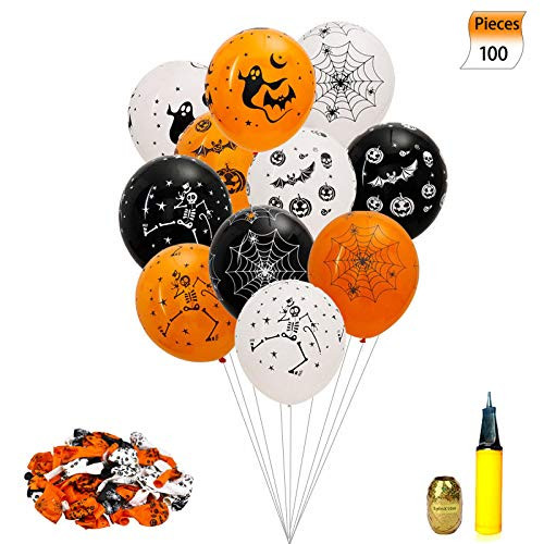 Sorive Halloween Balloons Decorations - 100 Pieces 12 Inches Pumpkin Bat Specter Spider Web Latex Balloons with a Air Pump for Halloween Party Supplies