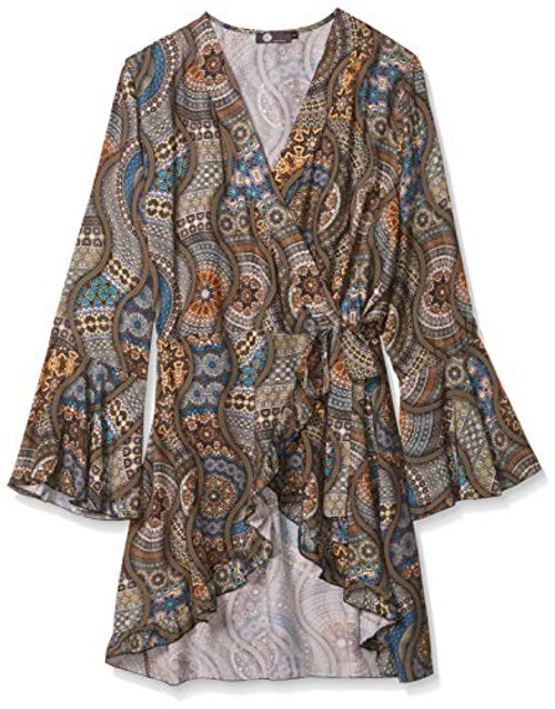 M Made in Italy Womens Wrap Tunic with Ruffle Sleeve and All Over Print Sage Combo Medium