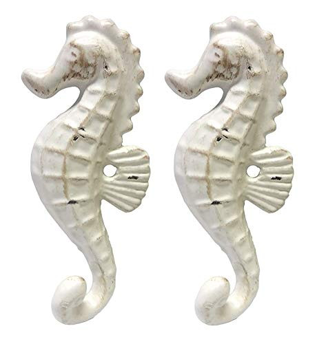 Seahorse Decor Cast Iron Wall Hooks Set of 2 White