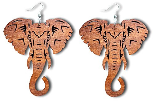 Pashal Large Natural Wooden Majestic African Bohemian Elephant Drop Dangle Earrings Light Brown