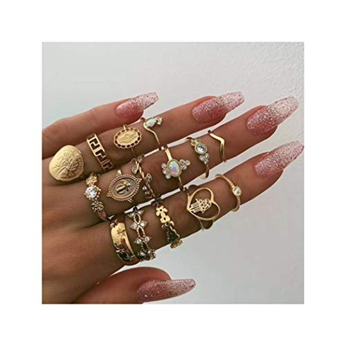 deladola Boho Rings Set Gold Crystal Knuckle Joint Finger Rings Religous Carving Flower Stackable Midi Ring Jewelry for Women and Girls15 Pcs