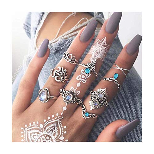 deladola Boho Crystal Rings Set Silver Gem Knuckle Joint Finger Rings Sets Carving Flower Stackable Midi Ring Jewelry for Women and Girls9 Pcs