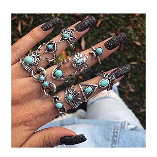 deladola Boho Rings Set Silver Turquoise Knuckle Joint Finger Rings Sets Bohemian Carving Flower Stackable Midi Ring Jewelry for Women and Girls11 Pcs