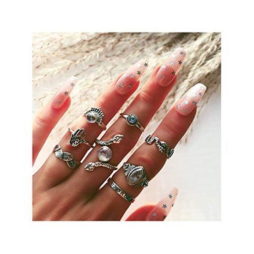 deladola Boho Crystal Rings Set Silver Gemstone Knuckle Joint Finger Rings Sets Bohemian Snake Hollow Stackable Midi Ring Jewelry for Women and Girls8 Pcs