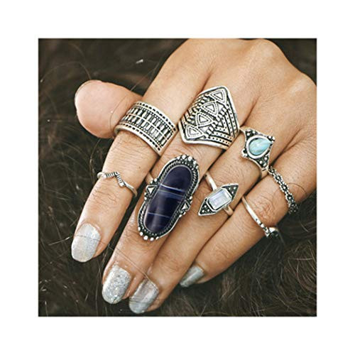 deladola Boho Crystal Rings Set Silver Turquoise Knuckle Joint Finger Rings Sets Bohemian Hollow Stackable Midi Ring Jewelry for Women and Girls8 Pcs