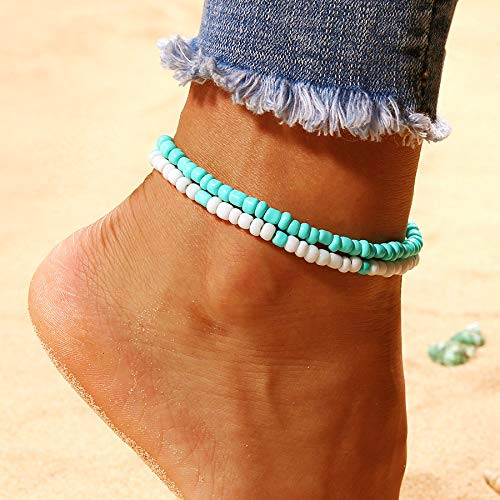 Aimitery Boho Layered Anklets Silver Turquoise Ankle Bracelet Chain Jewelry for Women and Girls