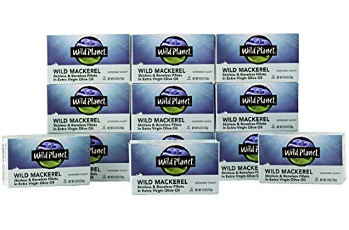 Wild Planet Wild Mackerel Fillets in Organic Extra Virgin Olive Oil Skinless  Boneless 3rd Party Mercury Tested 44 Ounce Pack of 12