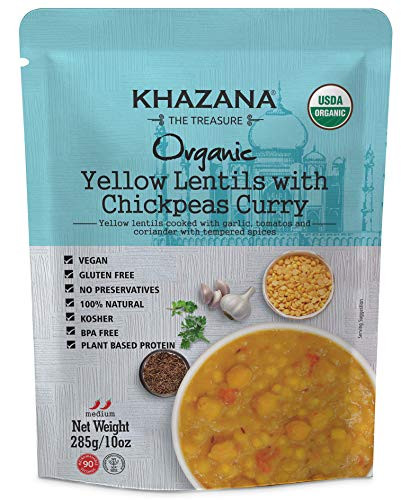 Khazana ORGANIC Ready to Eat Indian Meals 6Pack  Yellow Lentils w Chickpeas Curry  10oz Pouches  NonGMO Vegan Gluten Free  Kosher  Authentic Cuisine in 90 Seconds!