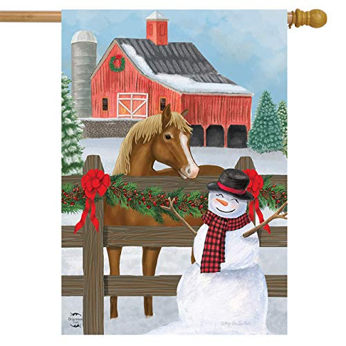 Briarwood Lane Snowy Stable Winter House Flag Horse Snowman 28 x 40
