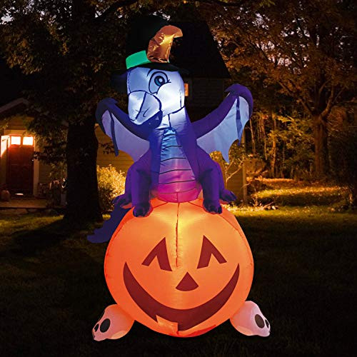 Joiedomi 5 FT Tall Halloween Inflatable Dragon on Pumpkin Inflatable Yard Decoration with Buildin LEDs Blow Up Inflatables for Halloween Party Indoor Outdoor Yard Garden Lawn Decorations