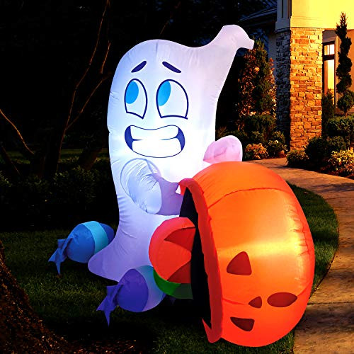 Joiedomi 5 FT Tall Halloween Inflatable Cute Ghost Inflatable Dump Blow Up Pumpkin Candy Bag with Buildin LEDs Inflatables for Halloween Party Indoor Outdoor Yard Garden Lawn Decorations