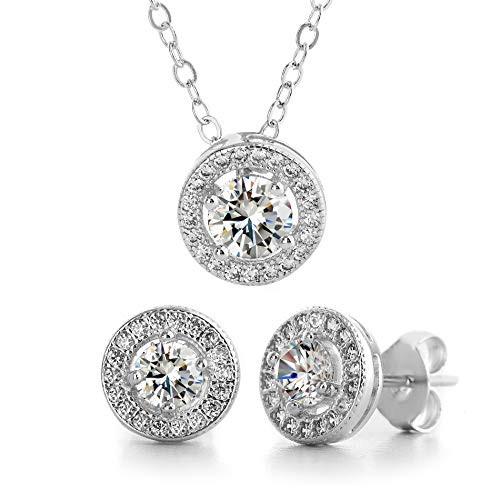 MIA SARINE Rhodium Plated Sterling Silver Round Halo Cubic Zirconia Earrings and Necklace Jewelry Set White