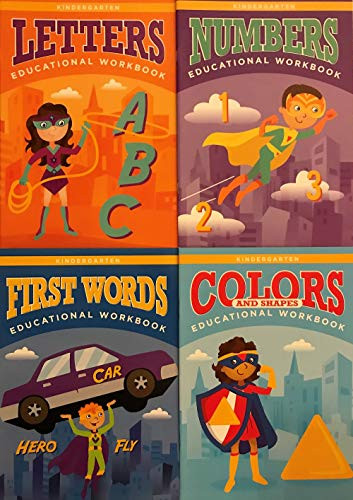 Kindergarten Educational Workbooks with Reward Stickers, Teacher-Approved, 4-book Set: Letters, Numbers, First Words and Colors and Shapes