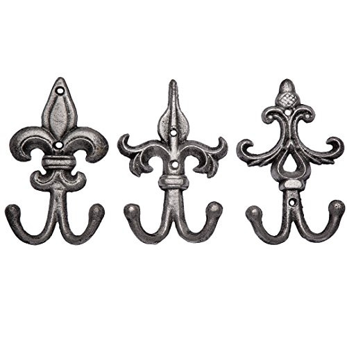 Comfify Set of 3 - Cast Iron Fleur De Lis Double Wall Hooks/Hangers - Decorative Wall Mounted Coat Hook - Rustic Cast Iron - with Screws and Anchors