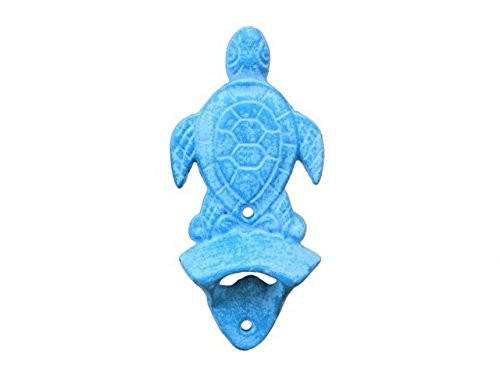 Hampton Nautical Light Blue Whitewashed Wall Mounted Sea Turtle Bottle Opener 6Vintage Cast Iron Decoration